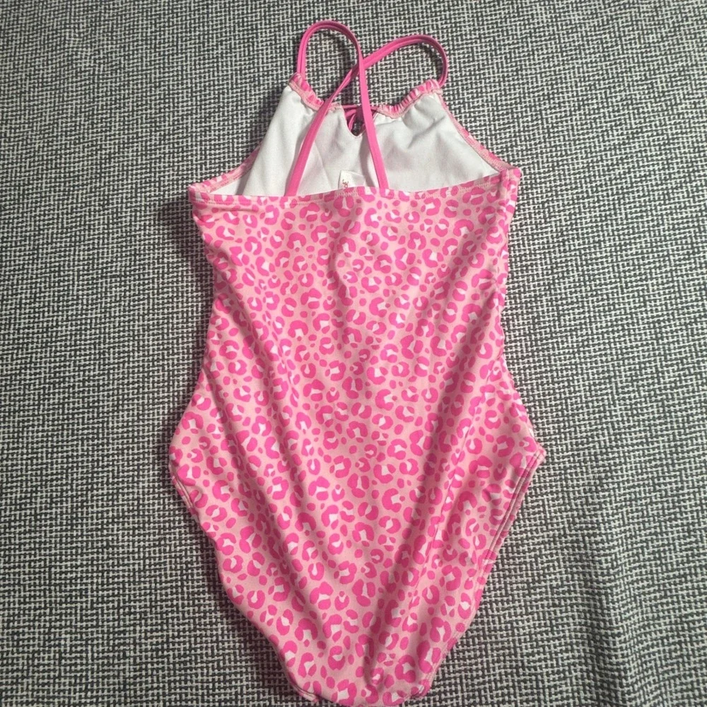 Cat & Jack Girls Pink Leopard Print One Piece Swimsuit High Neck Size XL 14